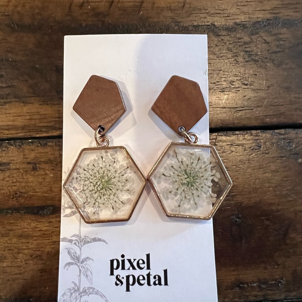 Gold and Brown Geometric Earrings with Organic Charm